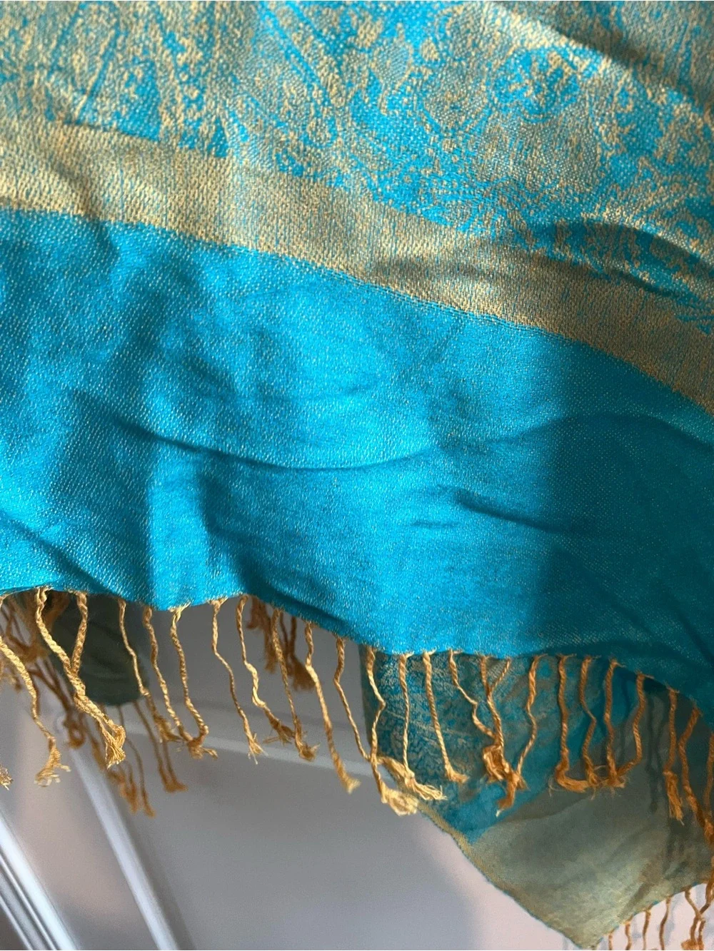 pashmina Teal and Gold Paisley Draped Shawl with Fringe